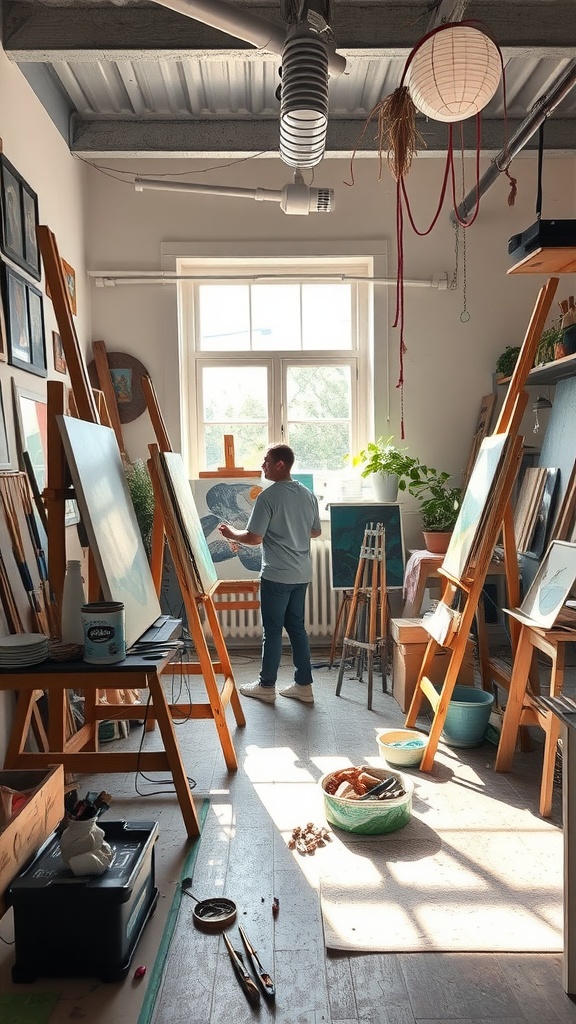 A person painting in a bright and cozy art studio filled with canvases and plants.