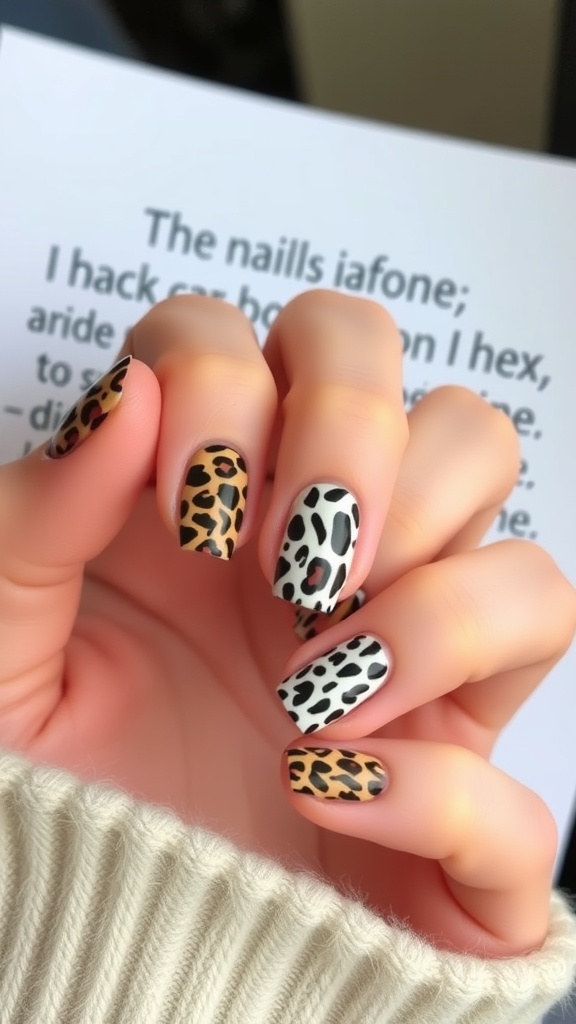 A hand displaying animal print nails with leopard and cow patterns.