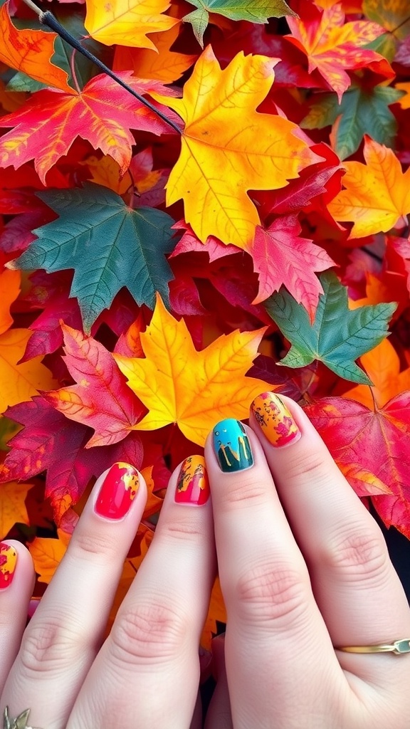 Close-up of hands with colorful autumn-themed nail designs against a backdrop of autumn leaves.