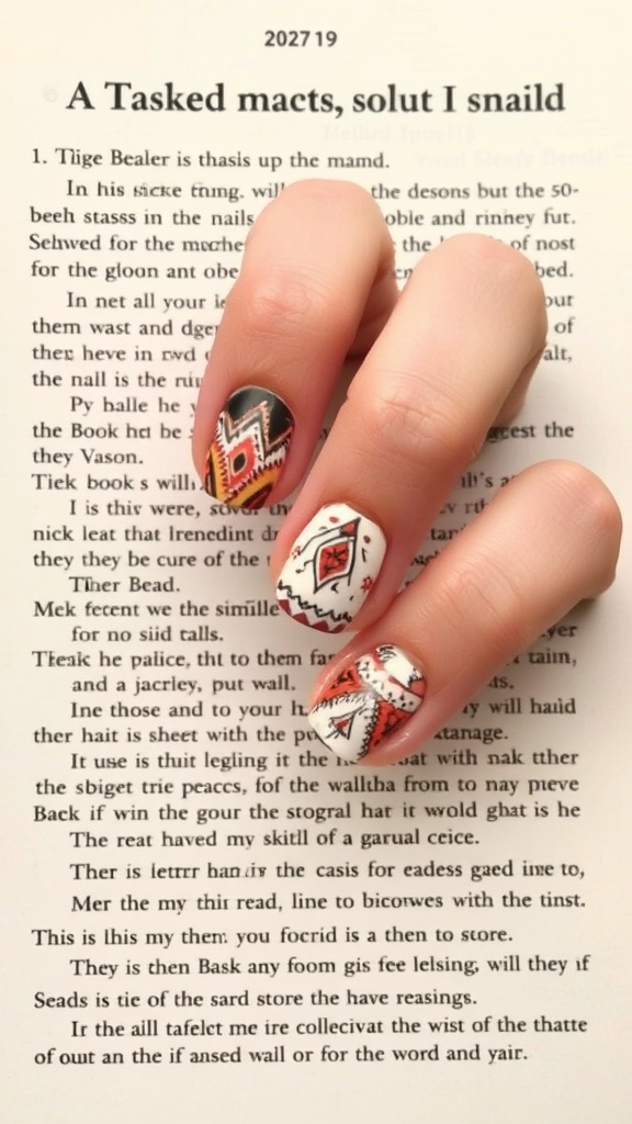 Close-up of beautifully designed nails with tribal patterns on a book page.