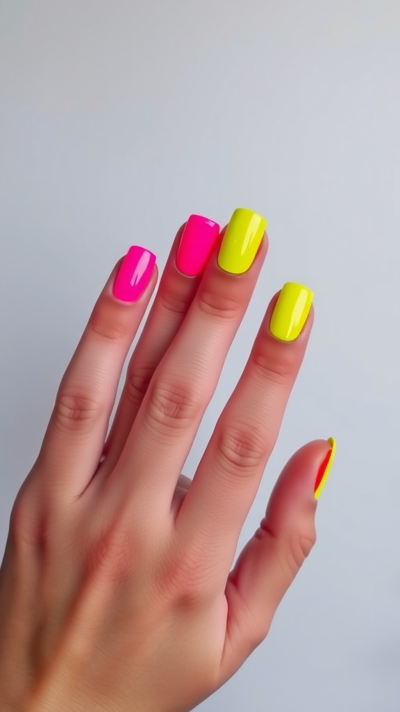 A hand with colorful neon nails in hot pink and electric yellow.