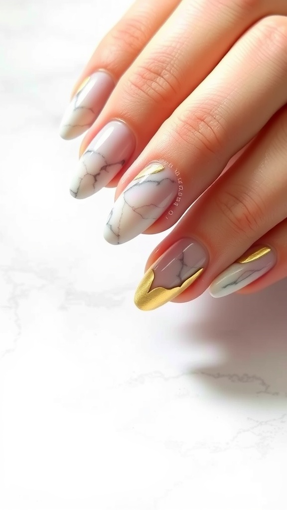 Chic marble and gold nail design featuring a blend of soft marble patterns and shiny gold accents.