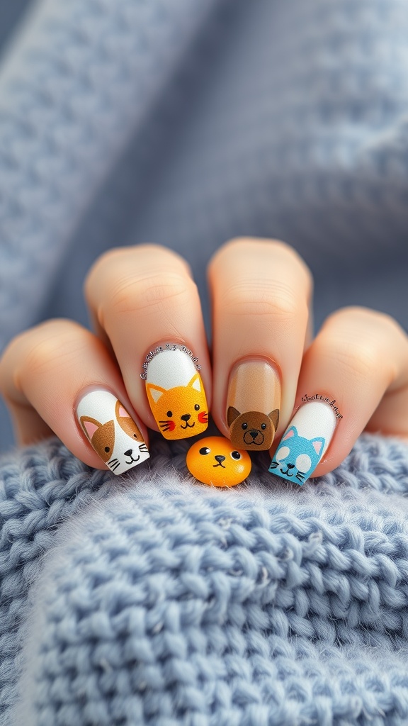 Close-up of nails featuring cute animal faces including a cat, dog, and a bear.