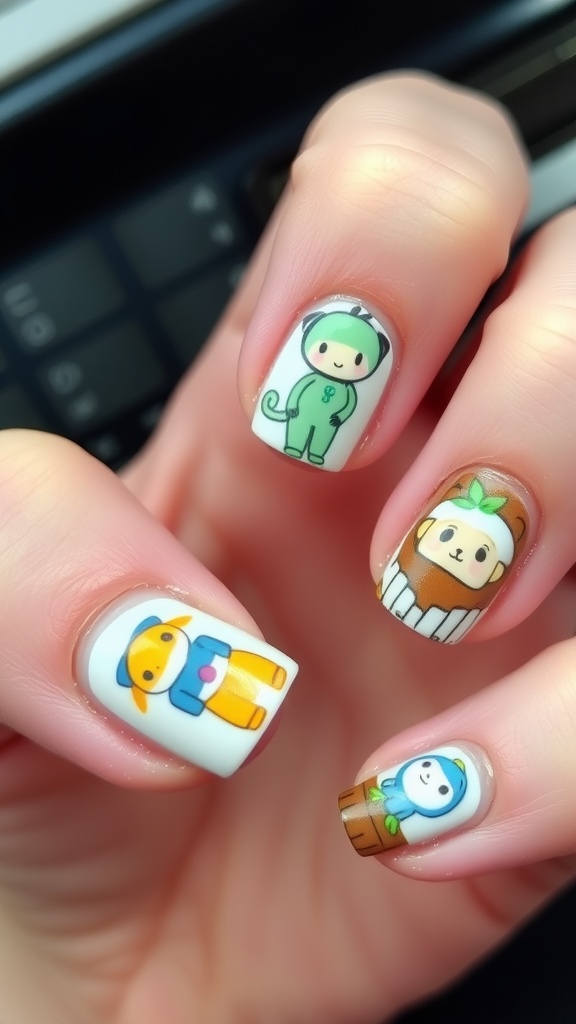 Nails featuring cute cartoon characters in playful designs.