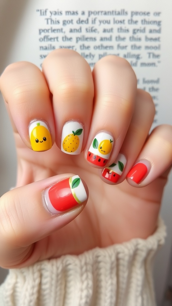 Nails painted with cute fruit designs including lemons and watermelons