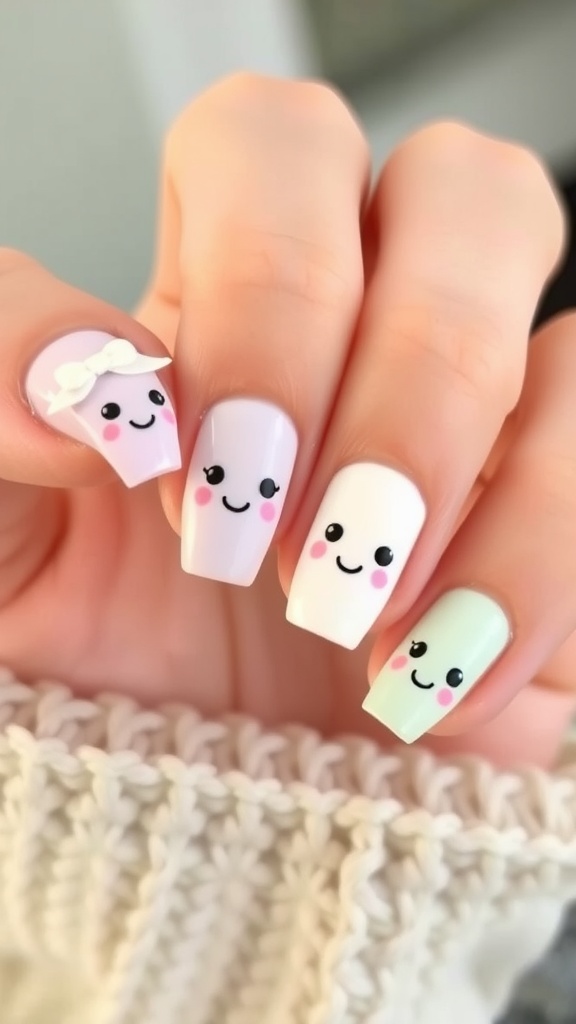 Colorful kawaii nail art with smiling faces and pastel shades.