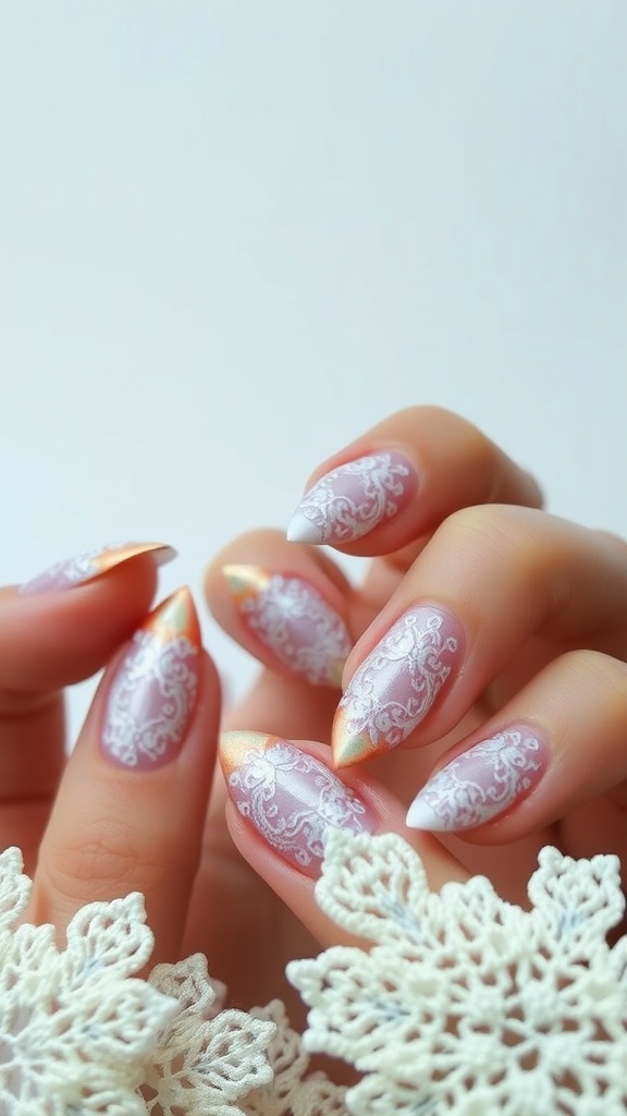 Nails featuring elegant lace patterns with soft colors and pointed tips.