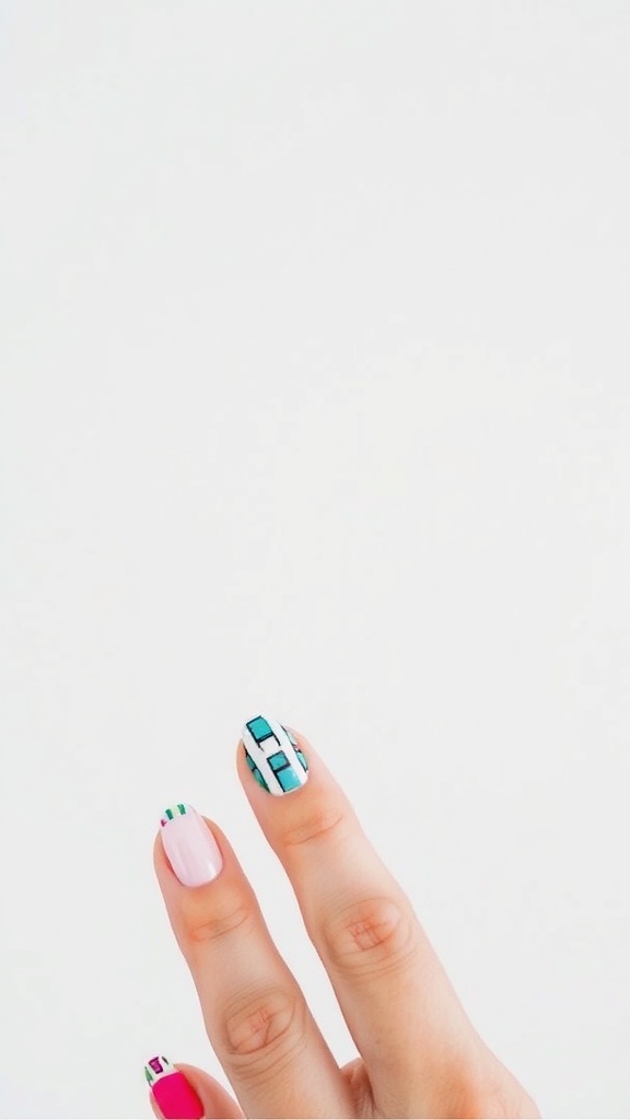 Colorful nails featuring a modern twist on French tips with geometric designs.