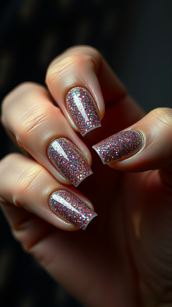 Close-up of hands with glitter gradient nails.