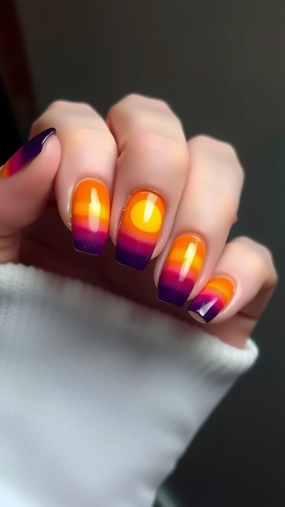 Nails painted in a gradient sunset design with orange, yellow, and purple colors.