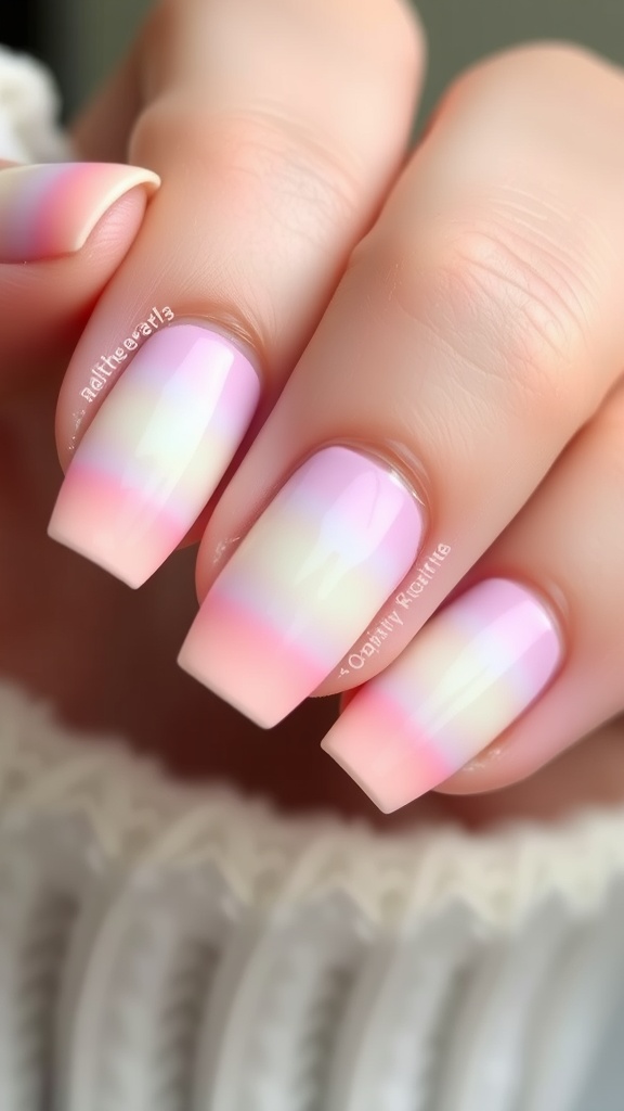 Pastel rainbow ombre nails with soft color gradients.