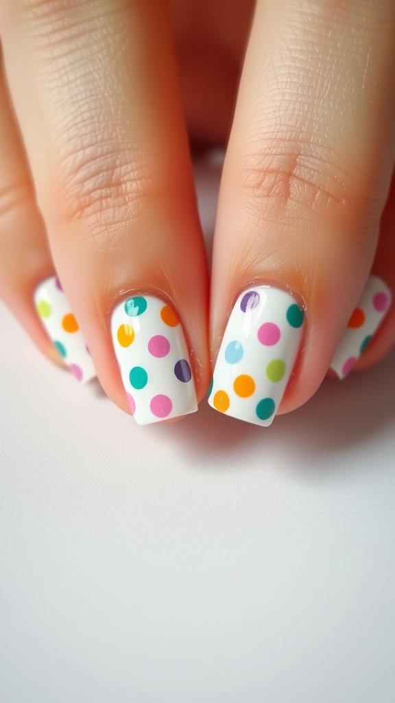 Nails with colorful polka dots on a white background