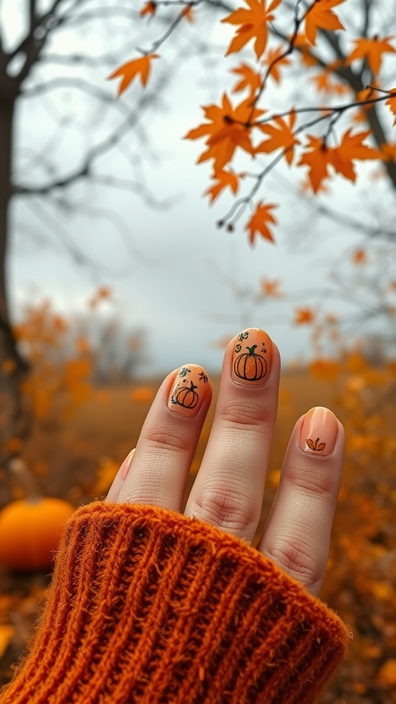 A close-up of a hand with pumpkin-themed nail art against a backdrop of autumn leaves.