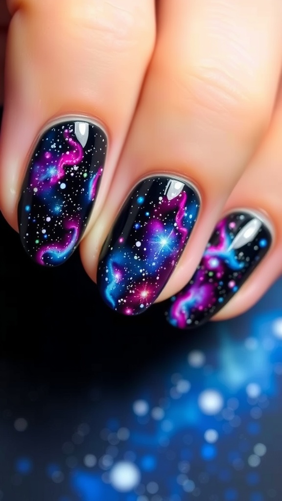 Sparkling galaxy nail art with deep blue, purple, and starry designs.