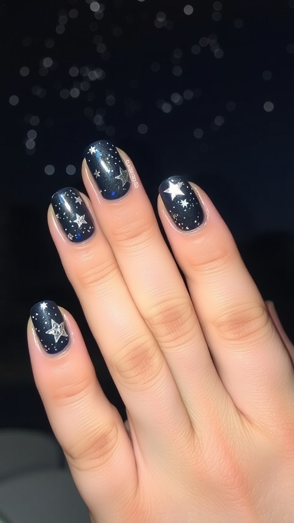 Nails with a starry night design featuring a deep blue base and sparkling stars.