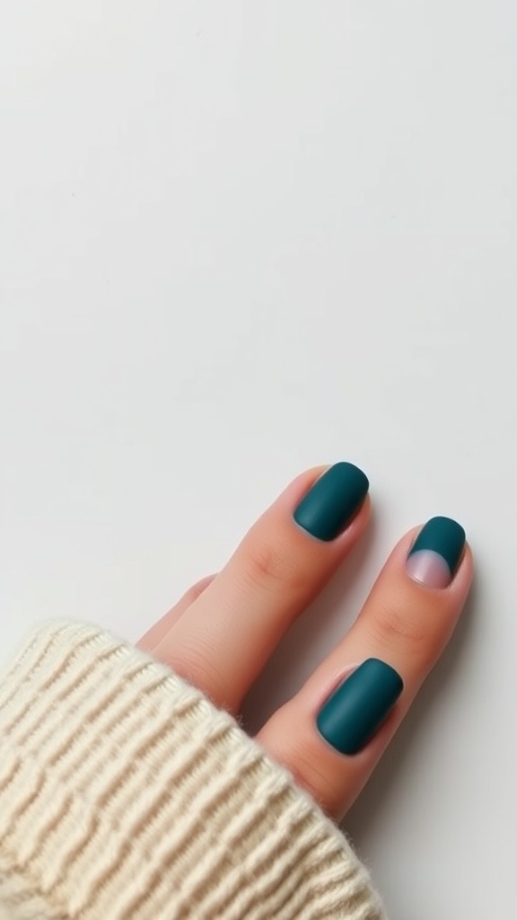 Close-up of hands with textured matte finish nails in dark green and a shiny contrast nail, wearing a cozy sweater.