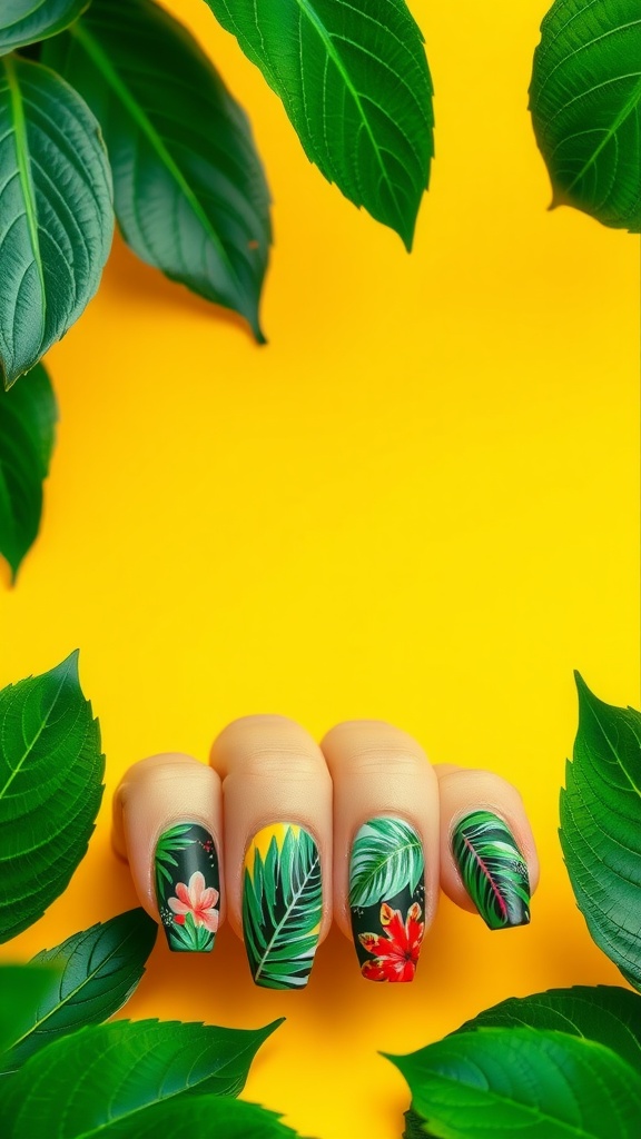 Nail art featuring tropical leaf designs on colorful background