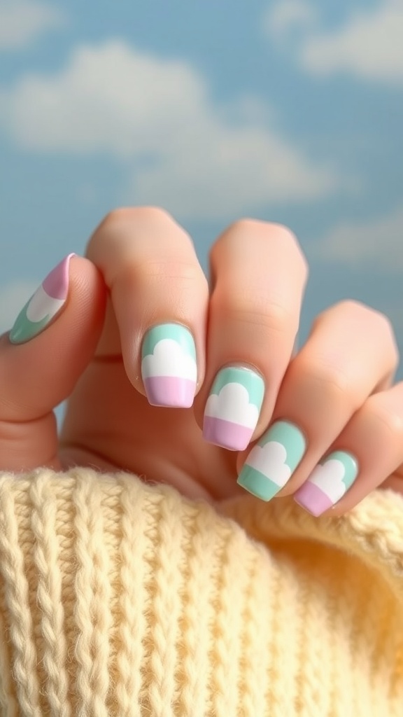 Nails painted with whimsical cloud designs in pastel colors.