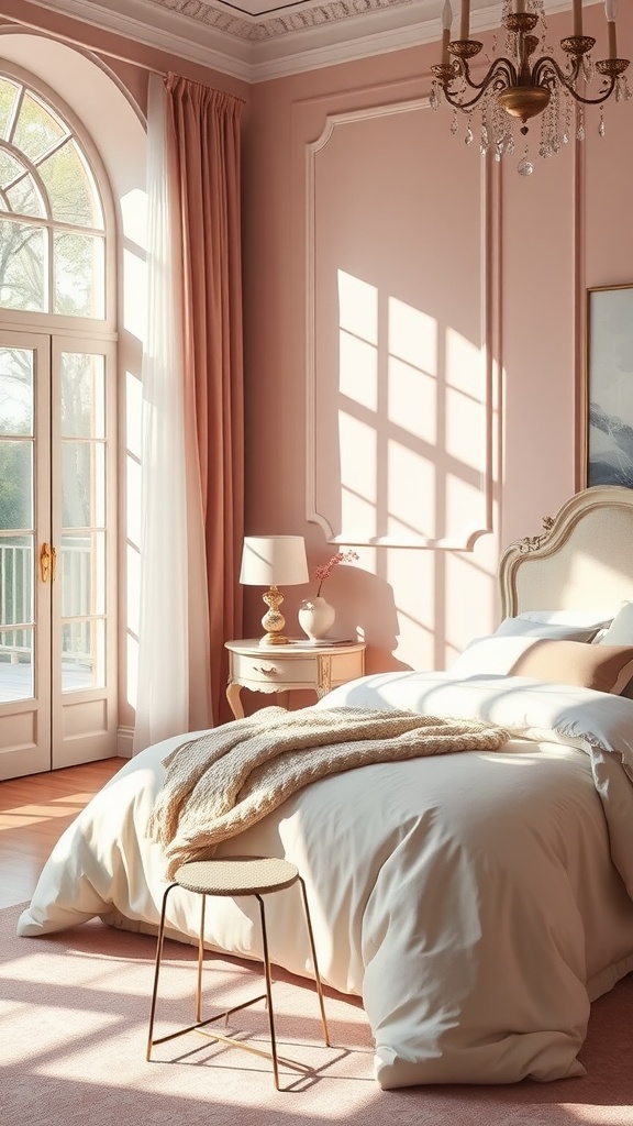 A beautifully decorated bedroom featuring blush pink walls, a cozy bed with white linens, and a stylish chandelier.