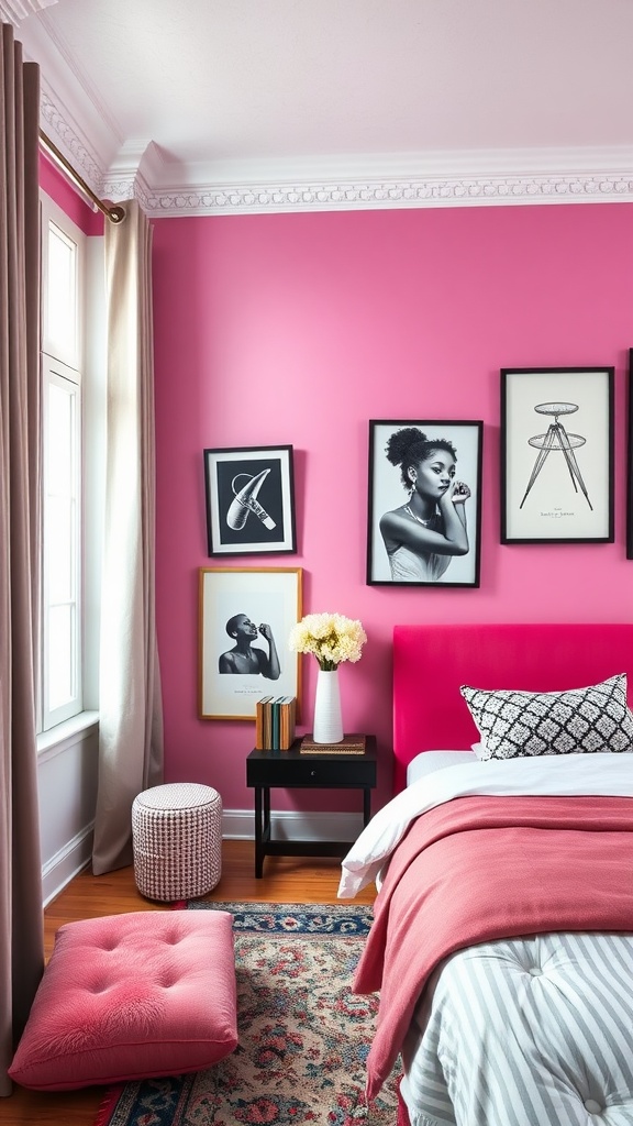 A bedroom with a bold pink accent wall, featuring black and white artwork, a pink bedspread, and a cozy atmosphere.
