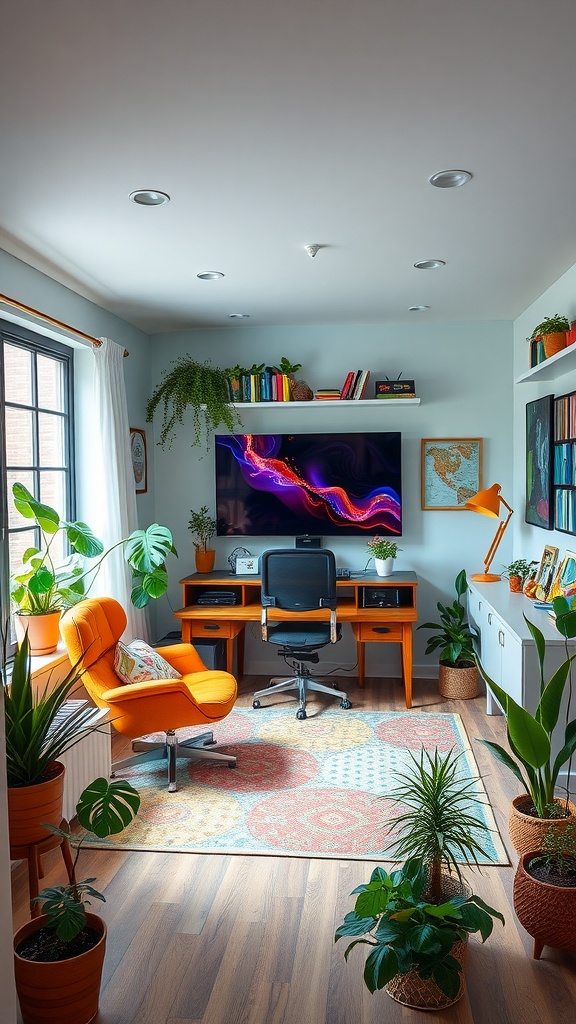 A colorful home office with an orange chair, plants, and a TV.