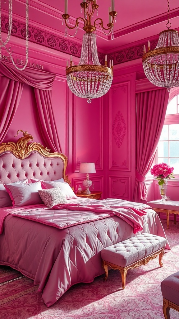 A luxurious pink bedroom featuring a tufted headboard, elegant chandeliers, and ornate decor.