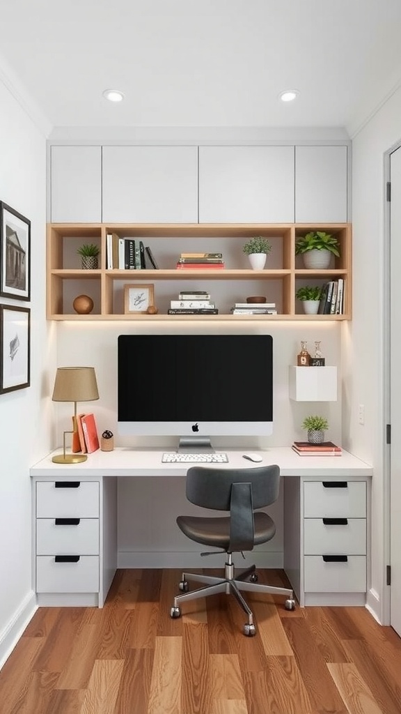 A modern home office featuring a desk with a computer, stylish shelving, and warm wooden flooring.