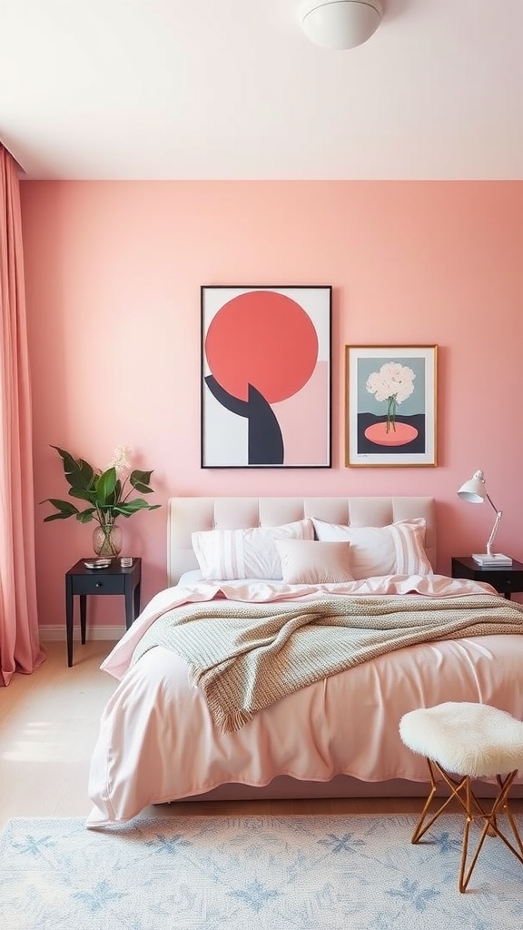 A contemporary bedroom with pink walls, light pink bedding, and modern artwork.