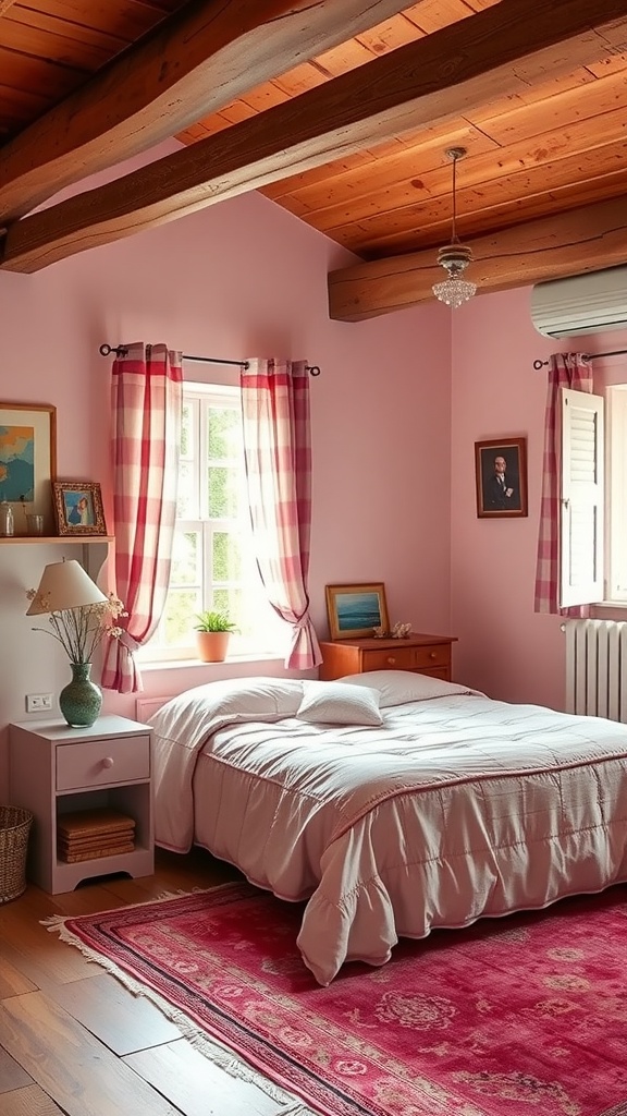 Cozy bedroom with pink walls, wooden beams, and a comfortable bed
