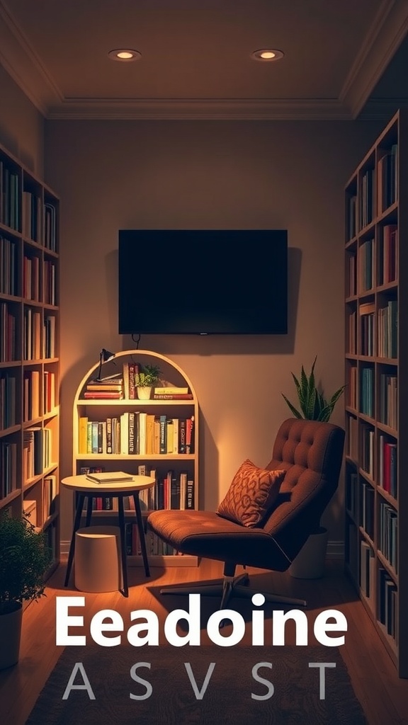 A cozy reading nook featuring a comfortable chair, a small table, a TV on the wall, and shelves filled with books.