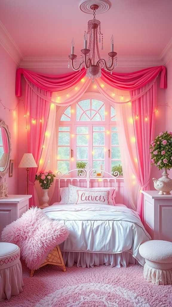A pink-themed bedroom with a chandelier, fairy lights, and cozy decor.