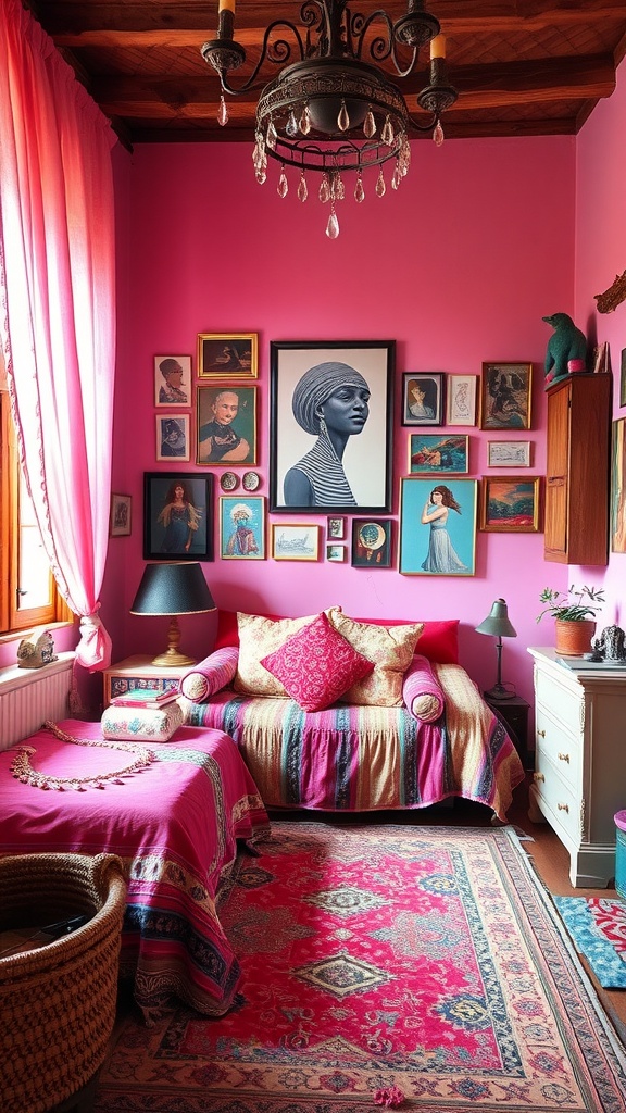 A vibrant pink bedroom featuring eclectic decor, a daybed with colorful textiles, and framed artwork on the walls.