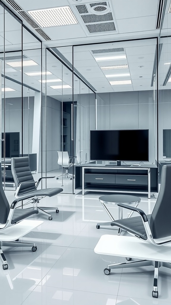 Modern home office with glass walls, steel furniture, and a TV