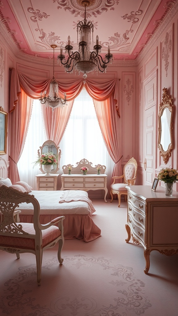 A vintage-style bedroom featuring pink walls, ornate ceiling designs, a chandelier, and classic furniture.