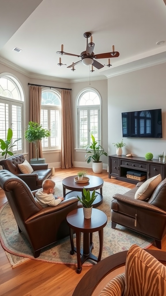 A cozy home office and TV room combination featuring leather chairs, a coffee table, plants, and a wall-mounted TV.