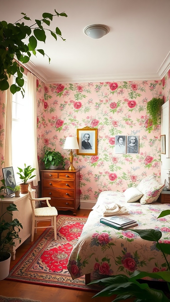A cozy bedroom with pink floral wallpaper, a floral quilt on the bed, plants, and framed photos on the walls.