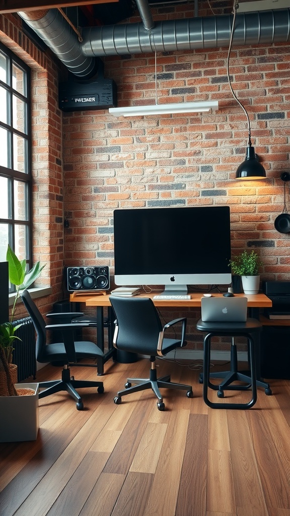 Industrial style workspace with exposed brick walls, wooden desk, and modern office chairs