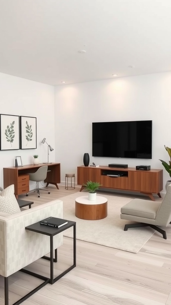 Modern minimalist home office and TV room combo featuring a sleek desk, comfortable seating, and a large TV.