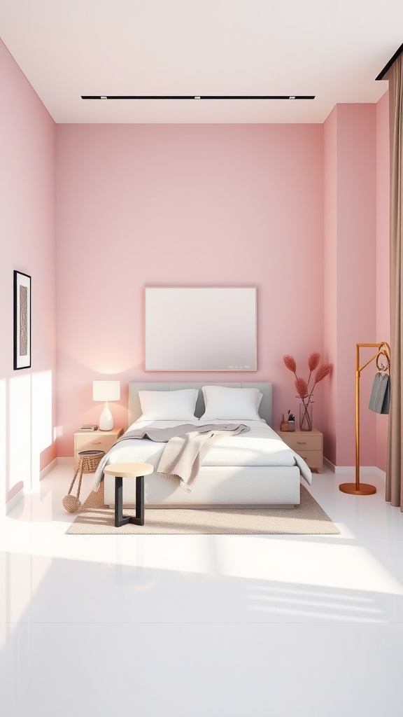 A modern minimalist bedroom featuring pink walls, a neatly made bed, and simple furniture.