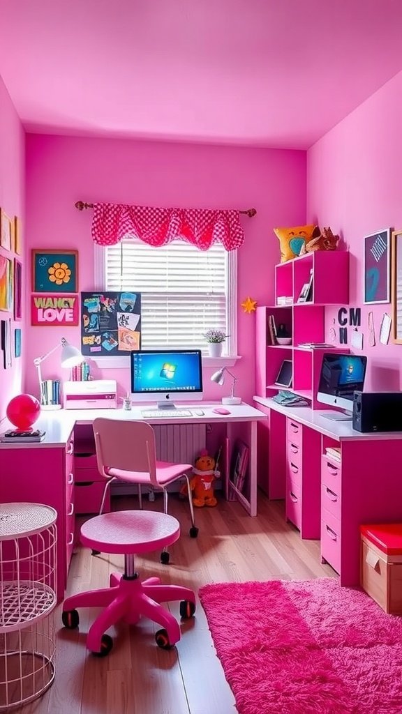 A vibrant pink teen bedroom with a desk, computer, and playful decor.