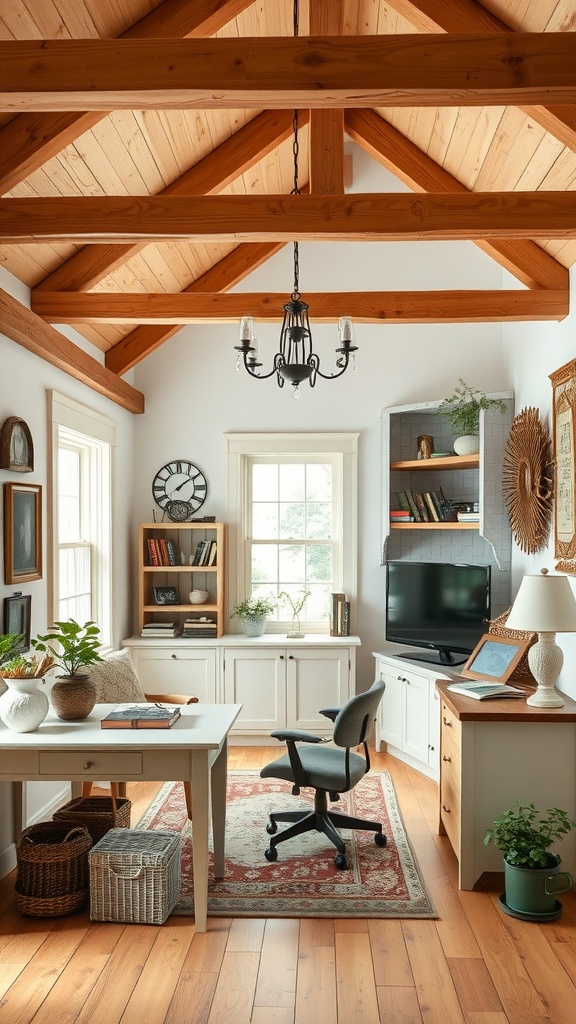 A rustic farmhouse home office with wooden beams, a desk, a TV, and cozy seating.