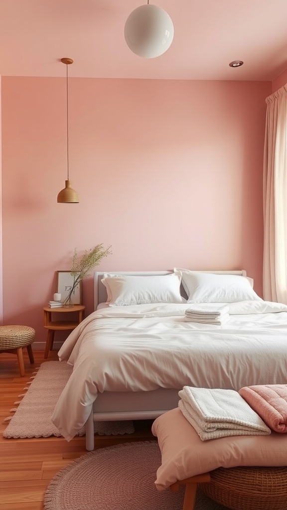 A serene bedroom with pink walls, a neatly made bed, and cozy decor.