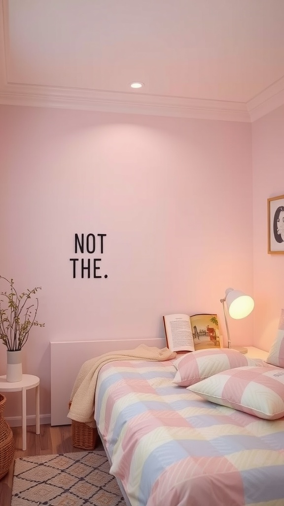 A cozy bedroom with pink walls, pastel bedding, and a humorous wall quote.