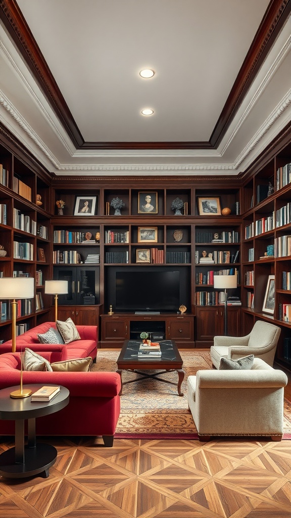 A sophisticated library featuring a TV, wooden shelves filled with books, a red sofa, armchairs, and warm lighting.