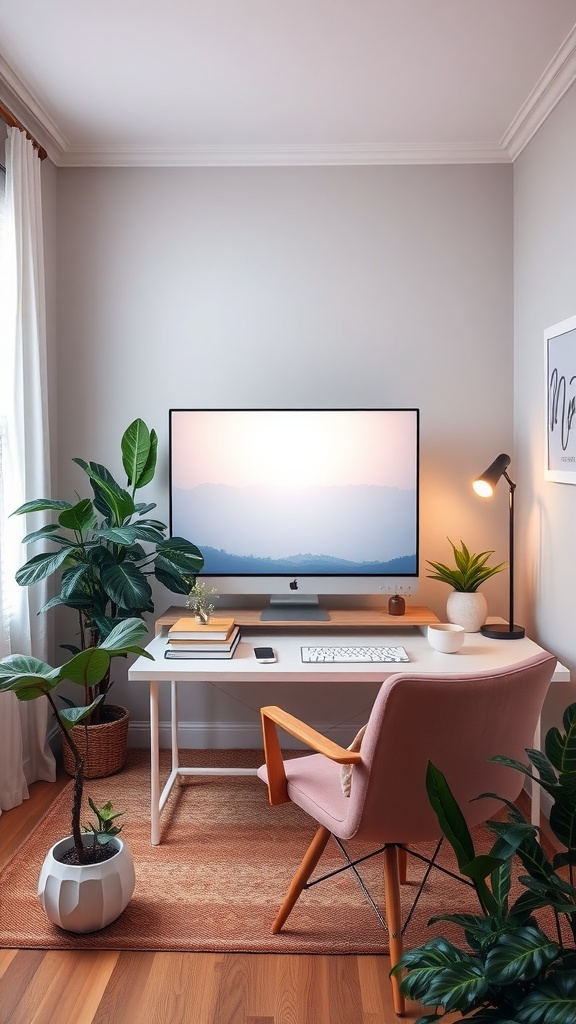 A zen-inspired home office featuring a pink chair, white desk, and plants, with a calming mountain image on the monitor.