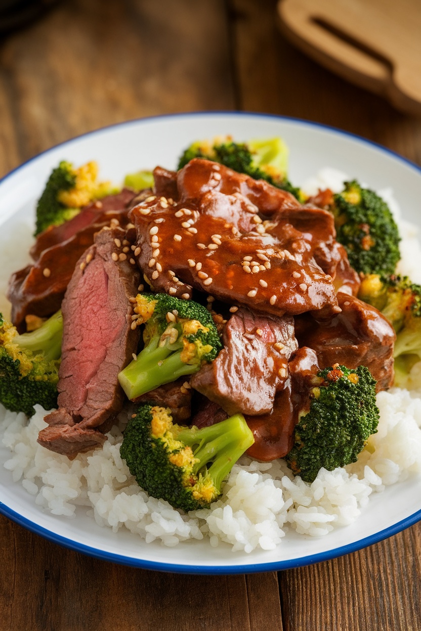 Beef and broccoli stir-fry with slices of beef and broccoli florets over rice, garnished with sesame seeds.
