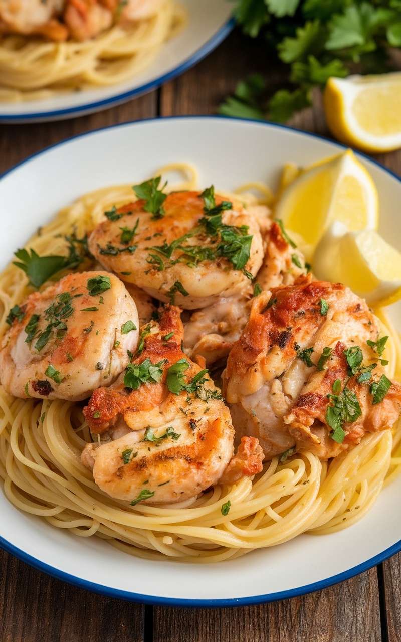A delicious plate of garlic butter chicken scampi with spaghetti, garnished with parsley and lemon wedges.