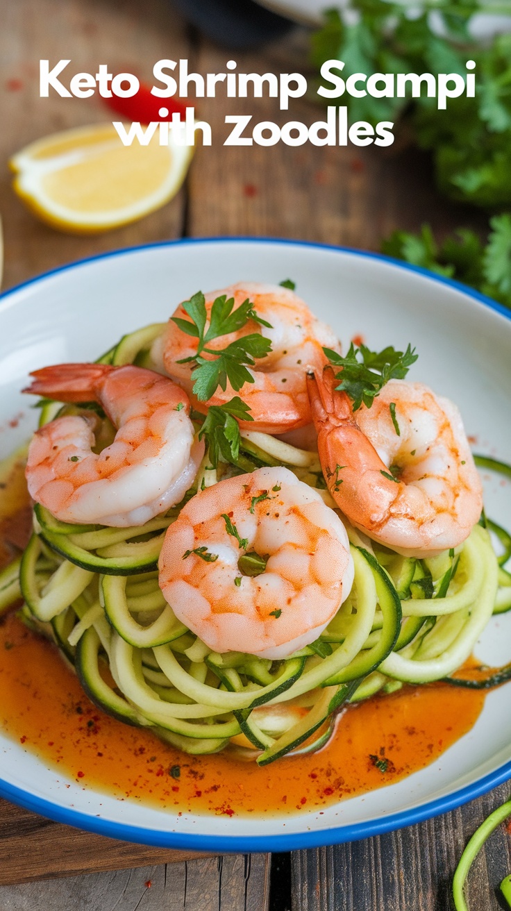 Keto Shrimp Scampi with Zoodles, a plate of spiralized zucchini noodles topped with succulent shrimp in garlic butter sauce, garnished with parsley.