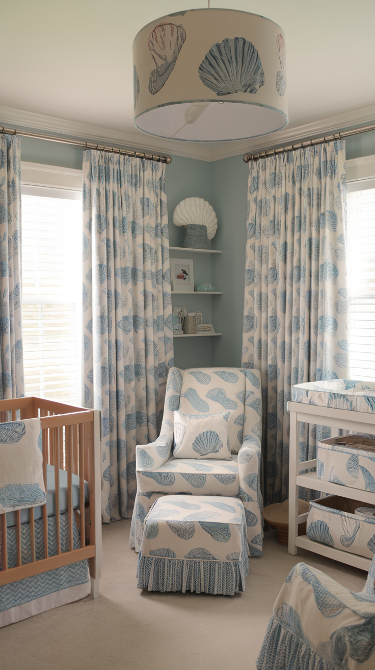 A nursery decorated with coastal patterns, featuring light blue and shell designs on curtains, armchair, and bedding.