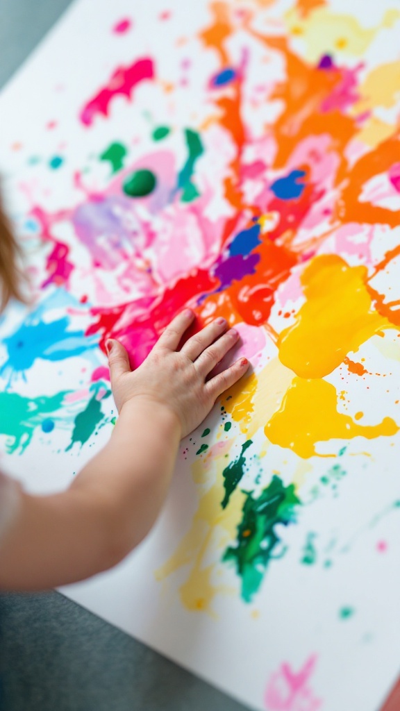 A child finger painting with vibrant colors on a large sheet of paper.